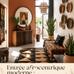 Entrée moderne décorée avec des éléments afrocentriques, invitante et chaleureuse.
