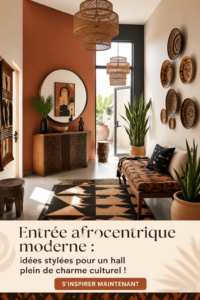 Entrée moderne décorée avec des éléments afrocentriques, invitante et chaleureuse.