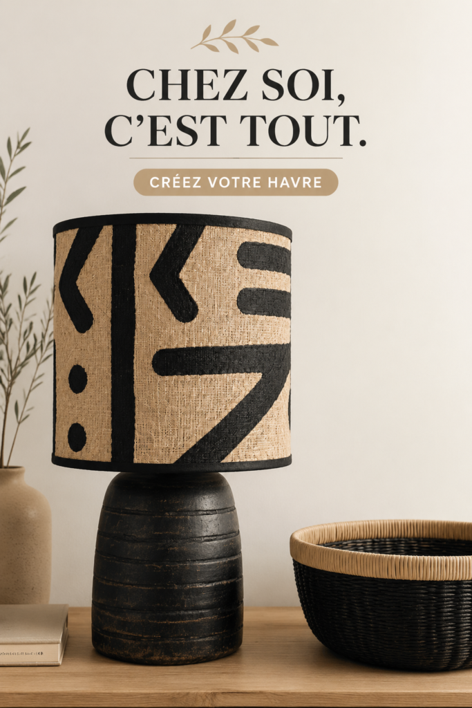Un salon décoré avec des éléments inspirés de l'Afrique, combinant chaleur et élégance.