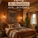 Chambre décorée dans un style afro-hémiens avec des couleurs vibrantes et du mobilier confortable.