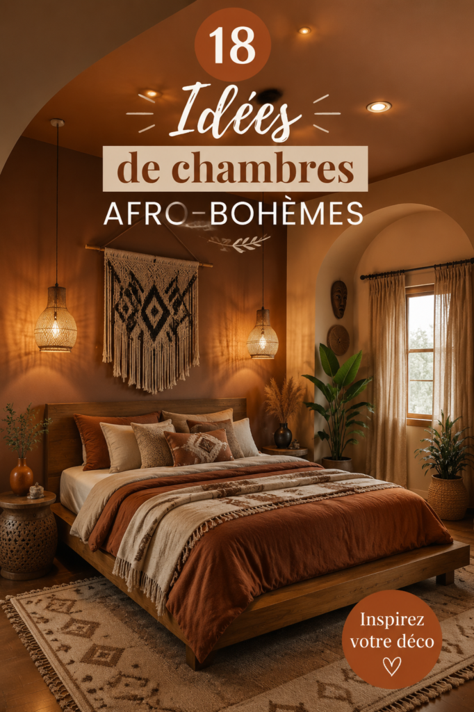 Chambre décorée dans un style afro-hémiens avec des couleurs vibrantes et du mobilier confortable.