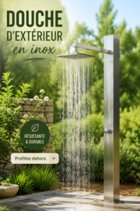 Douche d'extérieur en inox installée dans un jardin moderne