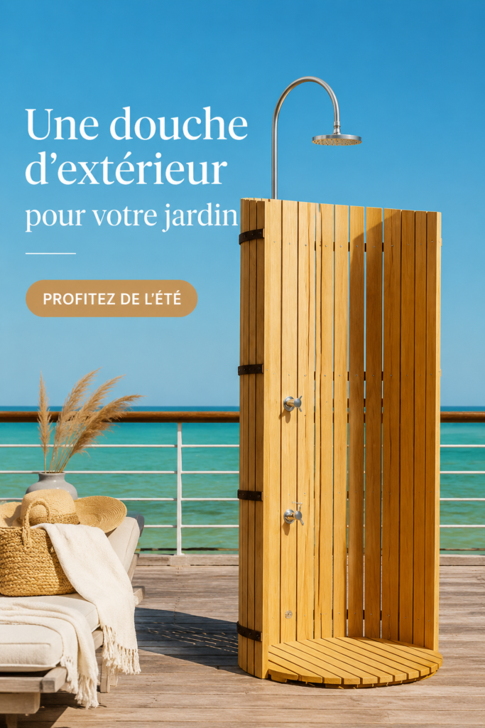 Douche d'extérieur élégante installée dans un jardin bien entretenu