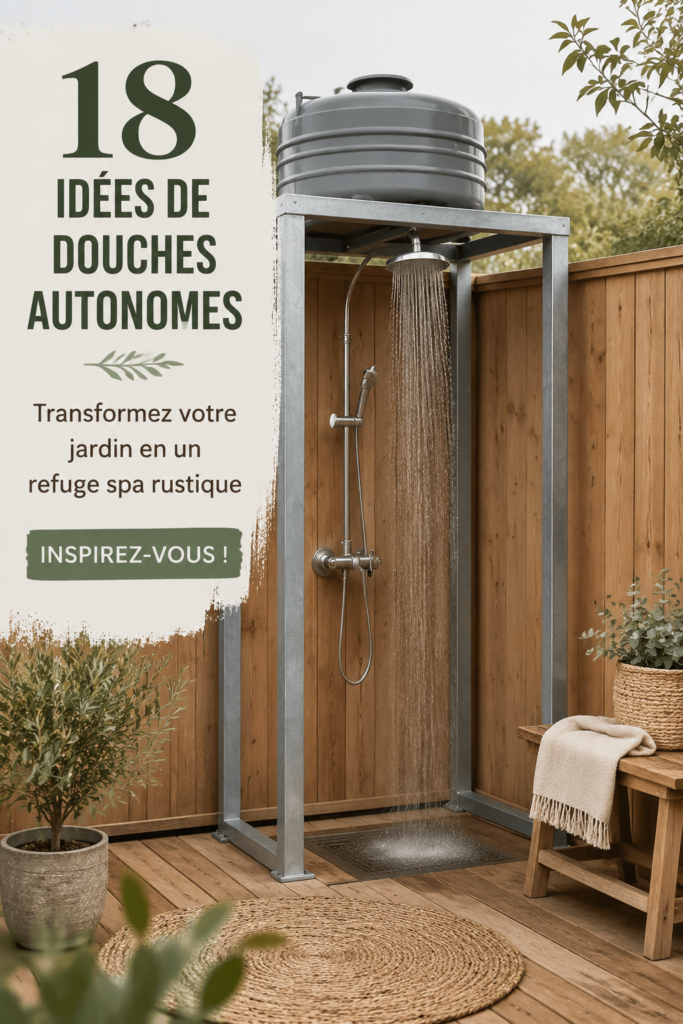 Une douche extérieure en bois créant un espace relaxant dans un jardin verdoyant.