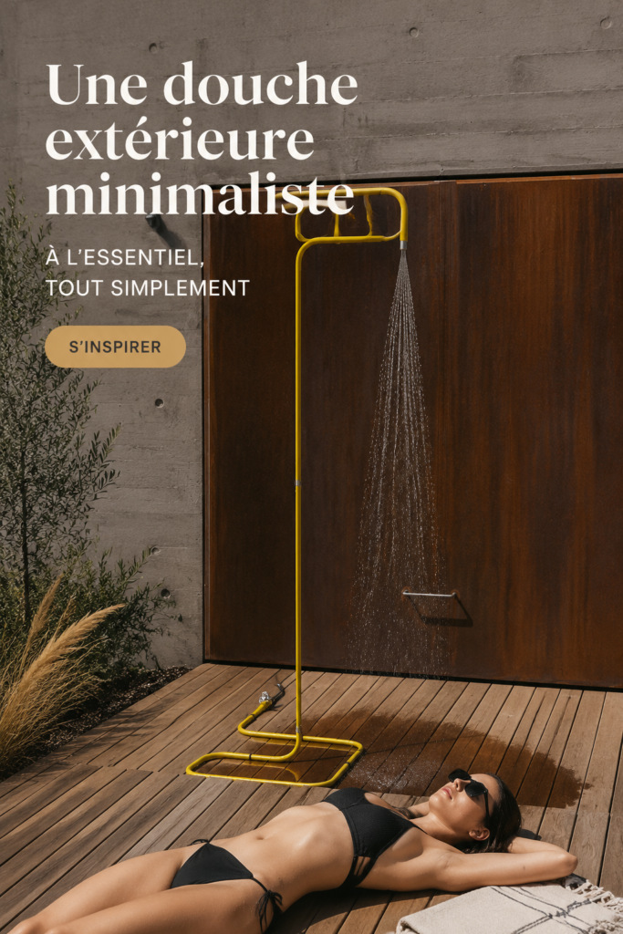 Douche extérieure minimaliste intégrée dans un jardin moderne, mettant en valeur l'élégance du design.