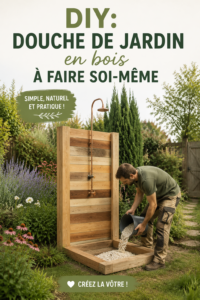 Douche de jardin en bois construite dans un jardin verdoyant, parfaite pour les journées d'été.
