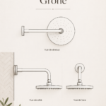 Colonne de douche à effet pluie GROHE installée dans une salle de bain moderne.
