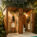 Douche extérieure moderne dans un jardin accueillant