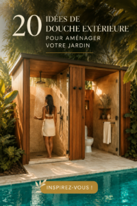 Douche extérieure moderne dans un jardin accueillant