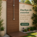 Douche extérieure moderne dans un jardin verdoyant, idéale pour profiter des journées ensoleillées.