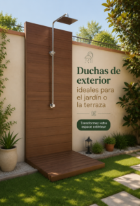 Douche extérieure moderne dans un jardin verdoyant, idéale pour profiter des journées ensoleillées.