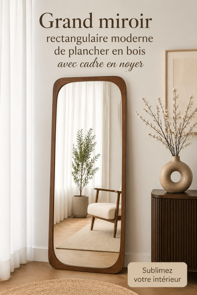 Grand miroir rectangulaire moderne en bois avec cadre en noyer dans un salon