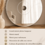 Un grand miroir pleine longueur dans un intérieur accueillant et lumineux, ajoutant une touche moderne à la décoration.