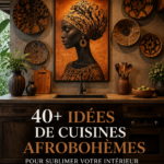 Cuisine afro-hybride avec mélange de couleurs vives et matériaux naturels.