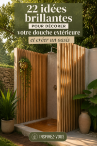 Douche extérieure décorée dans un jardin luxuriant