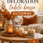Table basse décorée avec des éléments naturels pour l'automne.