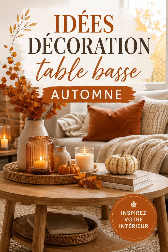 Table basse décorée avec des éléments naturels pour l'automne.
