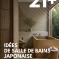 Salle de bain japonaise moderne avec baignoire en bois et éléments naturels