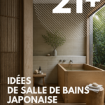 Salle de bain japonaise moderne avec baignoire en bois et éléments naturels