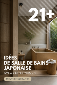 Salle de bain japonaise moderne avec baignoire en bois et éléments naturels