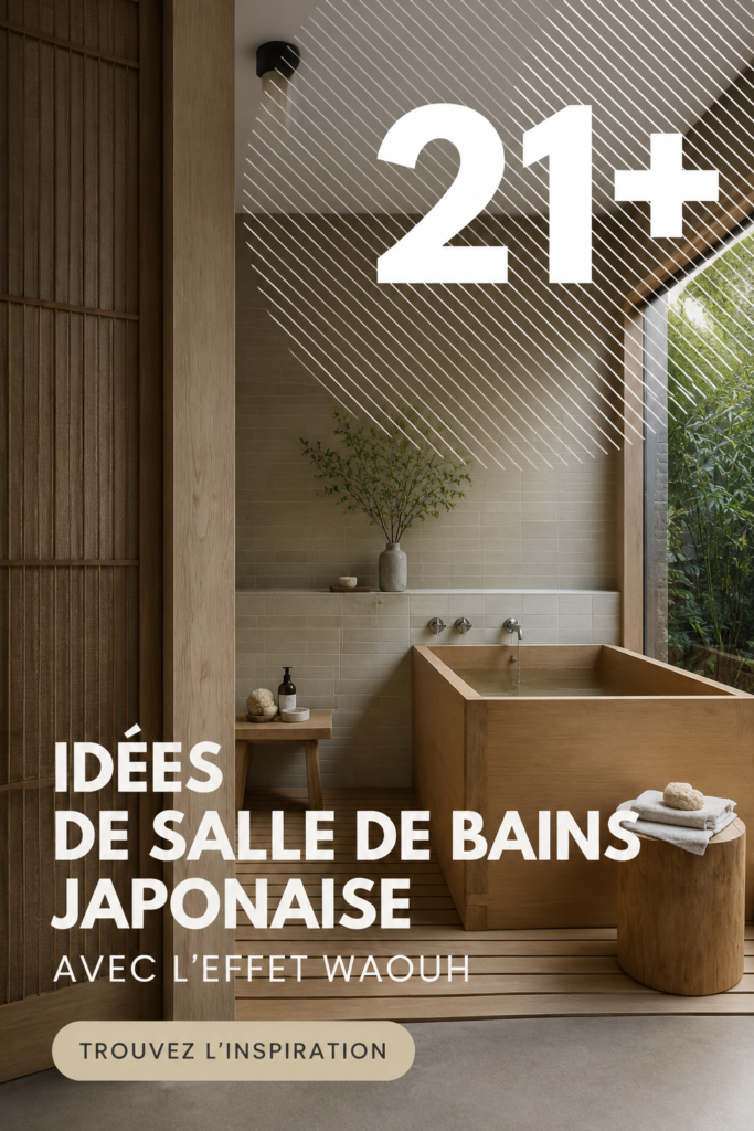 Salle de bain japonaise moderne avec baignoire en bois et éléments naturels