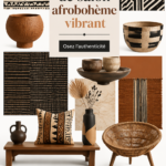 Un salon cosy aux influences afro-holistiques, avec des couleurs vives et des textures chaleureuses.