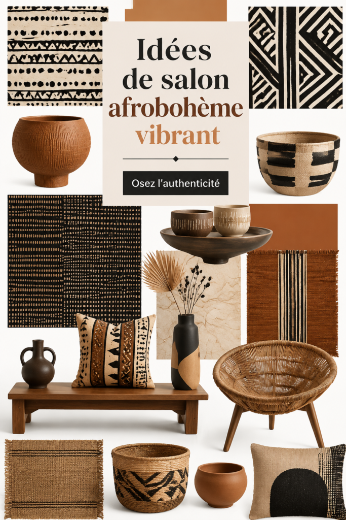 Un salon cosy aux influences afro-holistiques, avec des couleurs vives et des textures chaleureuses.