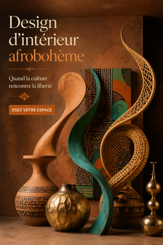 Un salon aux influences afro-bohèmes avec des motifs colorés et des matériaux naturels.