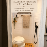 Van de location équipé d'une salle de bain, prêt pour l'aventure en pleine nature.
