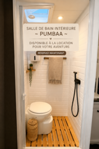 Van de location équipé d'une salle de bain, prêt pour l'aventure en pleine nature.