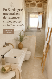 Vue d'une maison de vacances chaleureuse en Sardaigne, entourée de paysages méditerranéens.