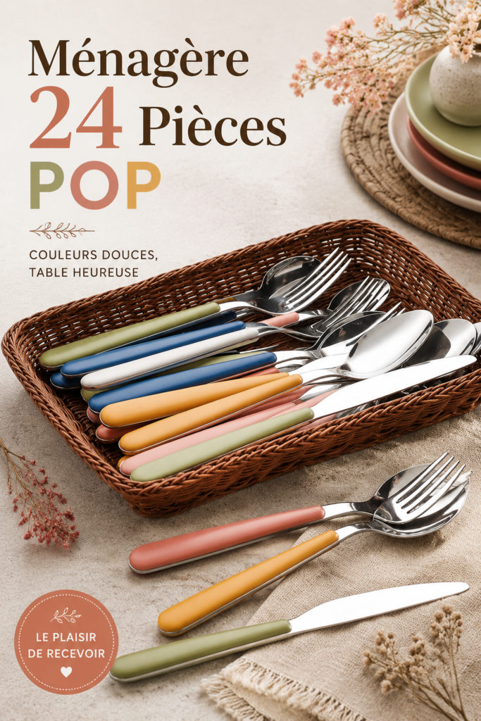 Ménagère de 24 pièces élégante disposée sur une belle table