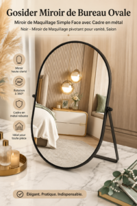 Miroir de bureau ovale avec cadre en métal noir dans un bureau élégant