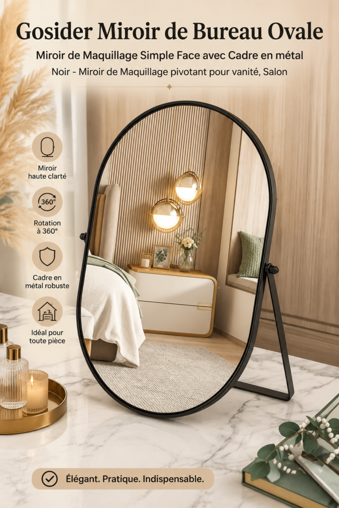 Miroir de bureau ovale avec cadre en métal noir dans un bureau élégant