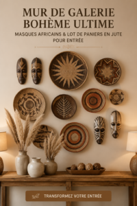 Un mur galerie boho avec des masques africains et des paniers en jute décorant une entrée.