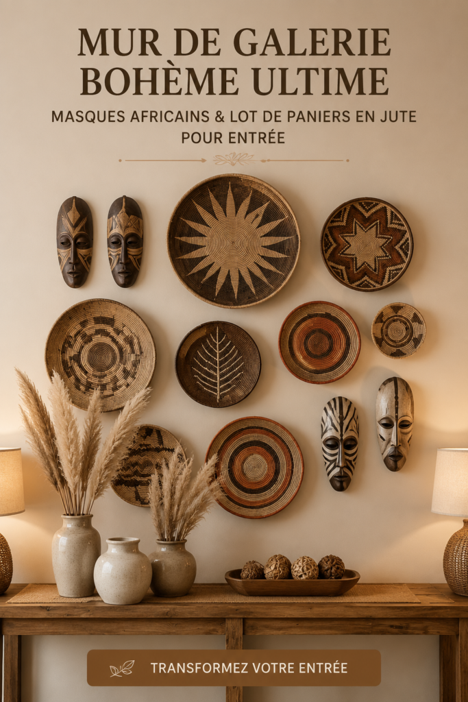 Un mur galerie boho avec des masques africains et des paniers en jute décorant une entrée.