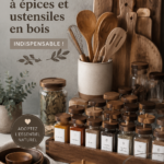 Organisateur élégant pour épices et ustensiles dans une cuisine moderne.