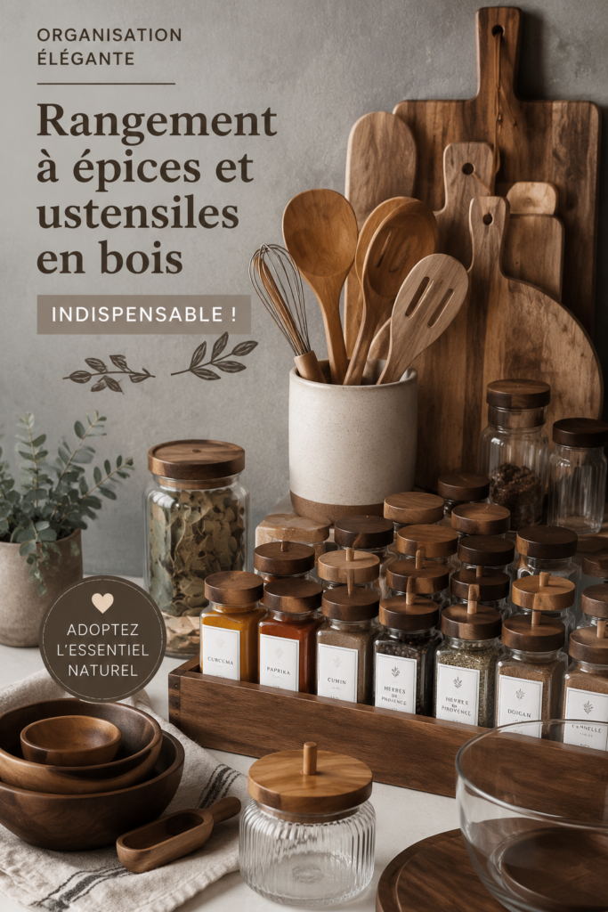 Organisateur élégant pour épices et ustensiles dans une cuisine moderne.