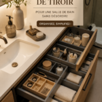 Un tiroir de salle de bain bien organisé avec des produits de soin accessibles et pratiquement rangés.