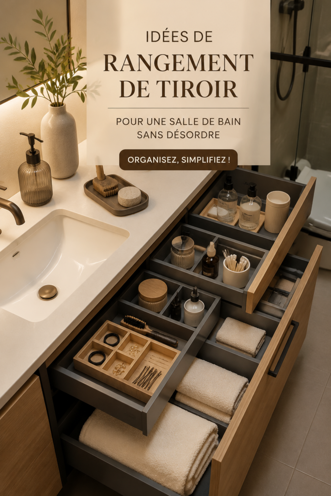 Un tiroir de salle de bain bien organisé avec des produits de soin accessibles et pratiquement rangés.