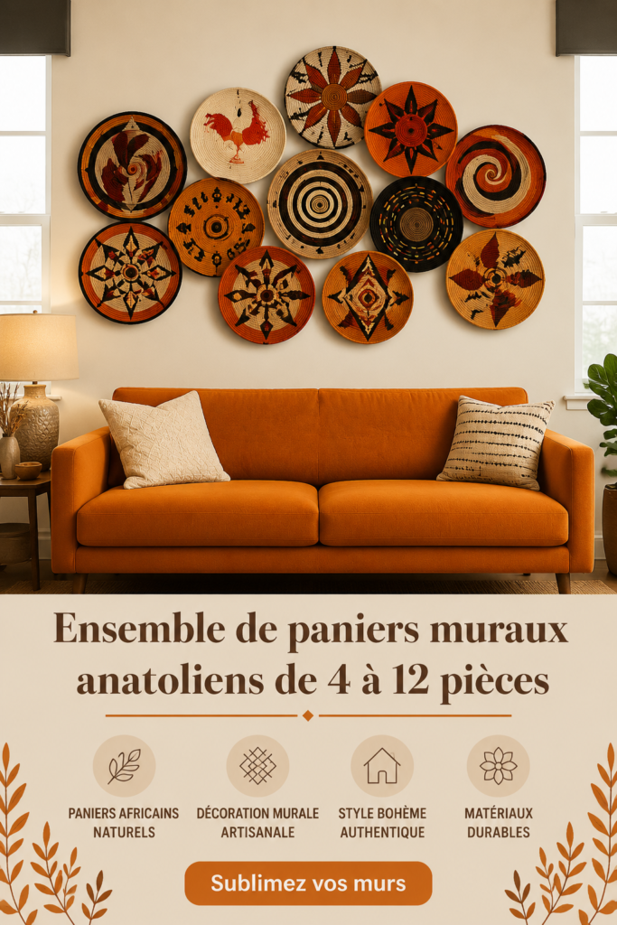 Paniers muraux en osier décorant un mur dans un salon boho.