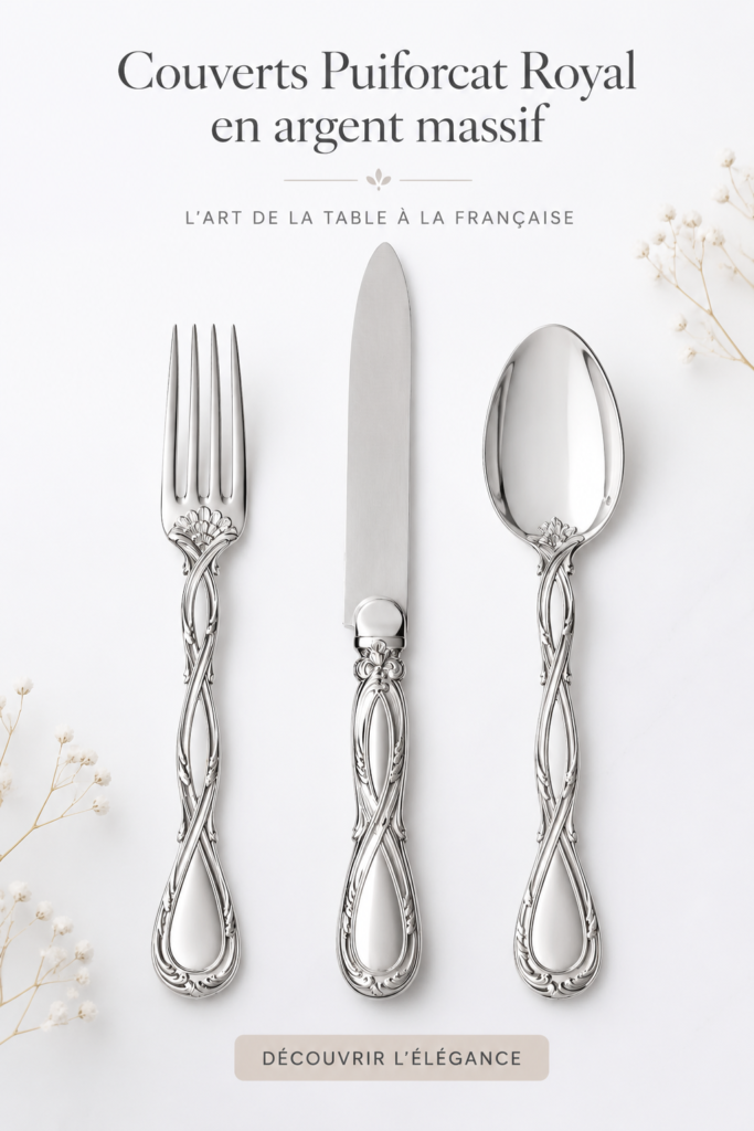 Un service de couverts en argent Puiforcat soigneusement disposé sur une table élégante.
