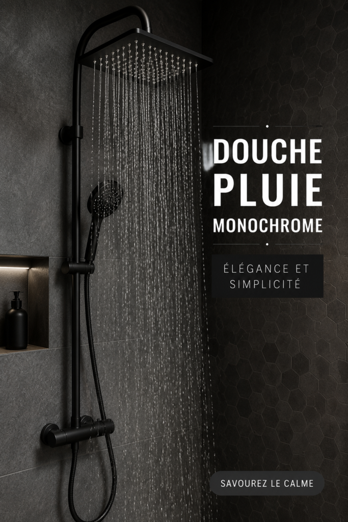 Salle de bain monochrome élégante avec une douche à effet pluie