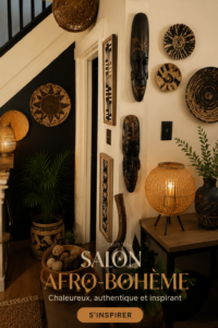 Salon décoré dans un style Afro Boho, chaleureux et accueillant, avec des textiles colorés et des meubles en bois.