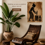 Un salon bohème avec des meubles en bois sculpté et des éléments naturels.