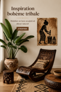 Un salon bohème avec des meubles en bois sculpté et des éléments naturels.