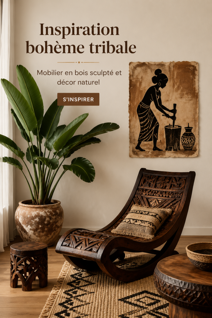 Un salon bohème avec des meubles en bois sculpté et des éléments naturels.