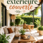 Terrasse extérieure couverte avec mobilier comfy et plantes décoratives