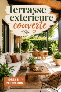 Terrasse extérieure couverte avec mobilier comfy et plantes décoratives