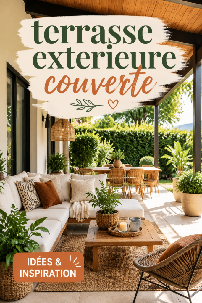 Terrasse extérieure couverte avec mobilier comfy et plantes décoratives